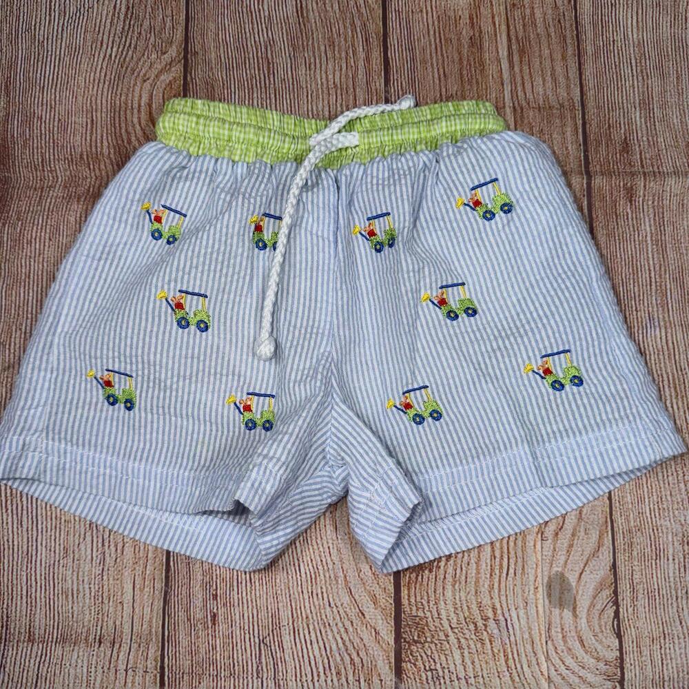 Anavini 12 Months Hand Smocked Baby Shorts with Embroidered Trucks